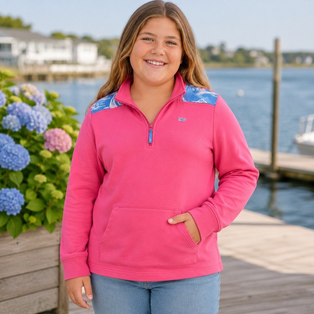 Vineyard Vines Girls Pink Sailboat Print Quarter Zip Pullover Sweater Size 14 L